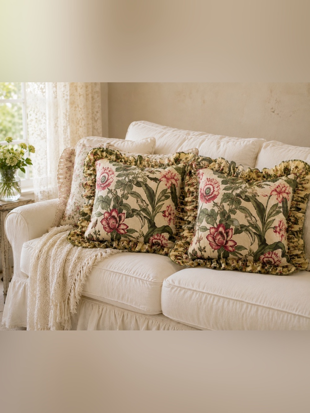 Set of 2 Floral Decorative Throw Pillows Pink Green Cream Vintage Style